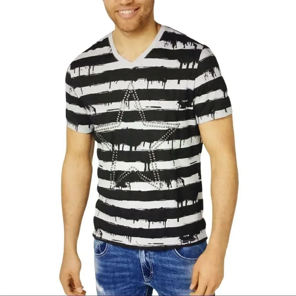 Black Gray Stripes Studded Star T shirt - NWT